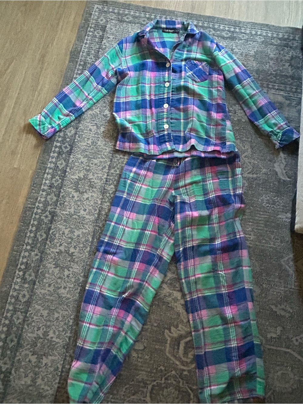 Lauren Ralph Lauren Green, Blue & Pink Plaid Flannel Pajama Set